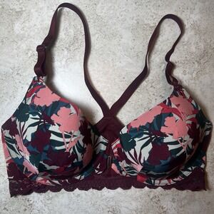 Adore Me Push Up Bra w/ Lace Racerback Front Closure Size 34D Tropical Print EUC